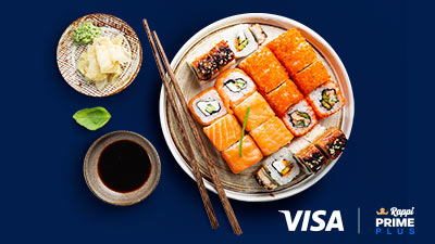Plato de sushi + logo de Visa ocmbinado con Rappi Prime Plus 